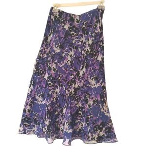Vintage Purple Floral  Chiffon Flared Hem Fairycore Midi Skirt Sz L